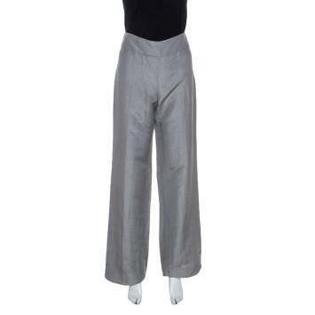 Pre Owned Armani Collezioni Grey Linen Silk Blend Wide Leg Trousers M 