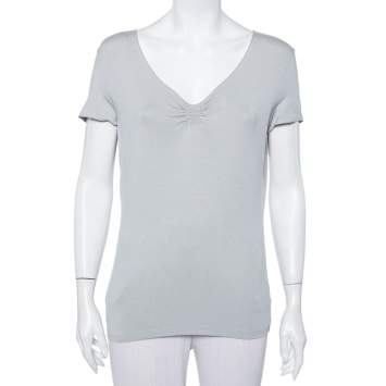 Pre Owned Armani Collezioni Grey Knit Ruched Neck Detail T-Shirt XL