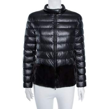 Pre Owned Armani Collezioni Black Down Quilted & Fur Trimmed Zip Front Jacket M