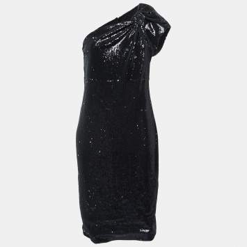 Pre Owned Armani Collezioni Black Sequined Bow Detail One-Shoulder Dress M