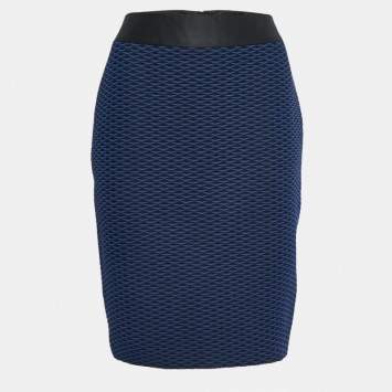 Pre Owned Armani Collezioni Blue/Black Jacquard Knee Length Skirt M