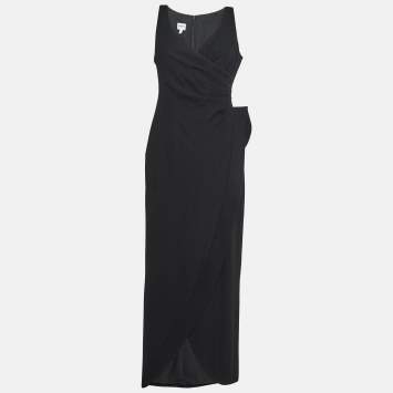 Pre Owned Armani Collezioni Black Crepe Pleated Faux Wrap Maxi Dress M