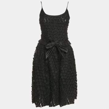 Armani Collezioni Black Embroidered Organza Tie-Up Detail Sleeveless Mini Dress S