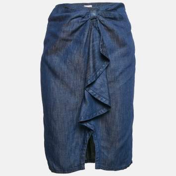 Armani Collezioni Blue Denim Ruffled Midi Skirt S