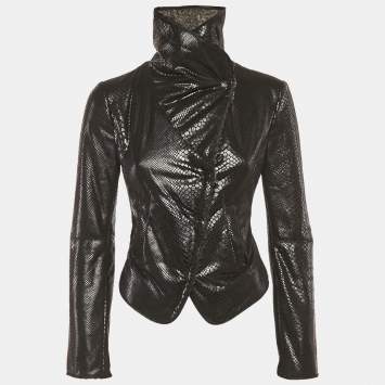 Pre Owned Armani Collezioni Black Faux Leather and Faux Fur Biker Jacket S