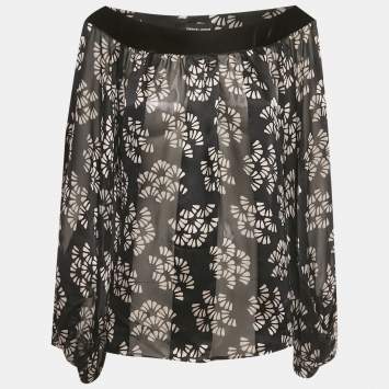 مملوكة مسبقًا Giorgio Armani Black Printed Silk & Velvet Trim Top L