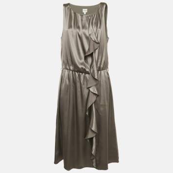 Pre Owned Armani Collezioni Grey Stretch Satin Ruffled Short Dress L