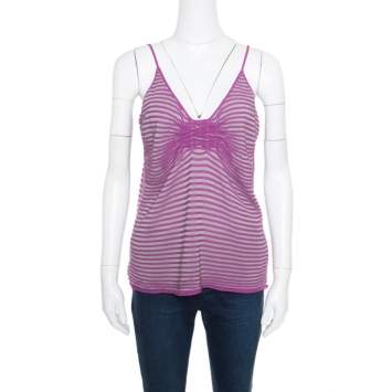 Pre Owned Armani Collezioni Purple Striped Knit Noodle Strap Top L