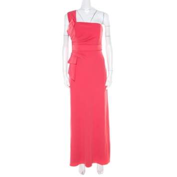 Pre Owned Armani Collezioni Salamander Pink Crepe Pleated Bow Trim One Shoulder Evening Gown M