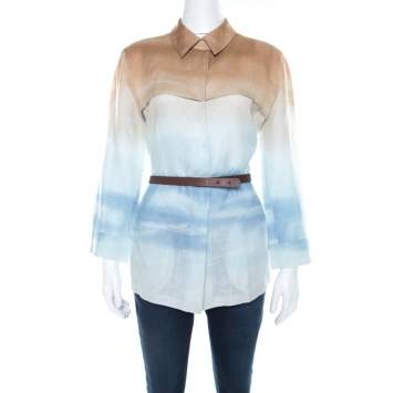 Pre Owned Armani Collezioni Beige Blue Shaded Linen Shirt M 
