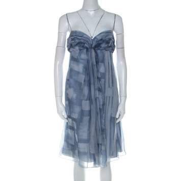 Pre Owned Armani Collezioni Blue Printed Silk Organza Ruched Bust Babydoll Dress M