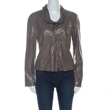 Pre Owned Armani Collezioni Grey-Green Leopard Embossed Lambskin Zip Up Cowl Neck Jacket M