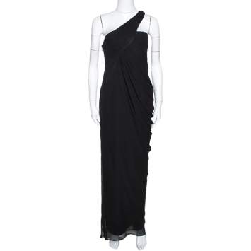 Pre Owned Armani Collezioni Black Silk Draped One Shoulder Asymmetric Gown M