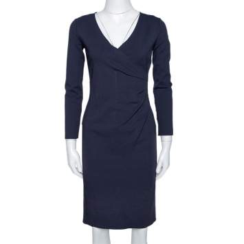 Pre Owned Armani Collezioni Midnight Blue Knit Gathered Fitted Dress S