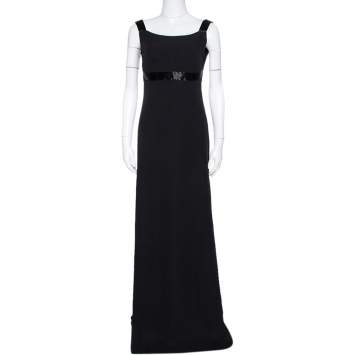 Pre Owned Armani Collezioni Black Silk Crepe Bead Embellished Gown M