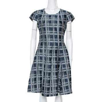 Pre Owned Armani Collezioni Navy Blue Checked Linen & Cotton Flared Dress M