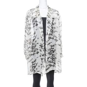 Pre Owned Armani Collezioni Grey Silk Stencil Floral Ruched Top M