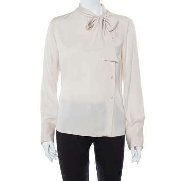 Pre Owned Armani Collezioni Cream Silk Satin Tie Neck Detail Shirt M
