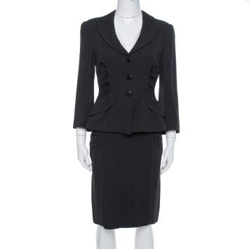 Pre Owned Armani Collezioni Black Crepe Ruched Detail Blazer & Fitted Skirt Set M