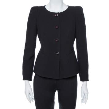 Pre Owned Armani Collezioni Black Wool Crepe Shoulder Pad Detail Boxy Jacket S
