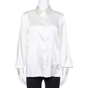 Pre Owned Armani Collezioni Cream Silk Satin Long Sleeve Blouse M