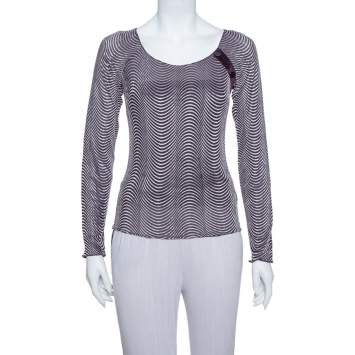 Pre Owned Armani Collezioni Purple Wave Pattern Knit button Detail Top S
