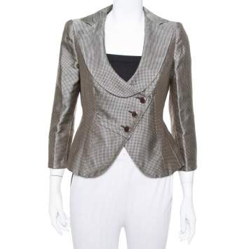 Pre Owned Armani Collezioni Metallic Plaided Silk Asymmetric Cropped Blazer M