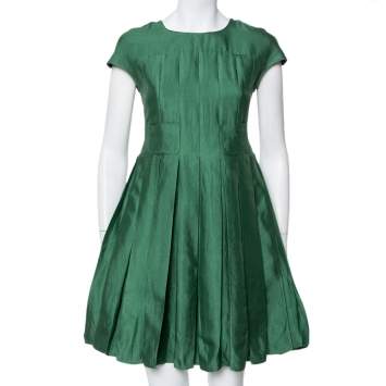 Pre Owned Armani Collezioni Green Cotton Silk Box Pleated Short Dress S