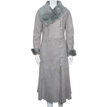 Pre Owned Armani Collezioni Grey Suede Paneled Fur lined Long Coat M