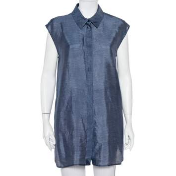Pre Owned Armani Collezioni Navy Blue Striped Linen & Silk Sleeveless Long Shirt M