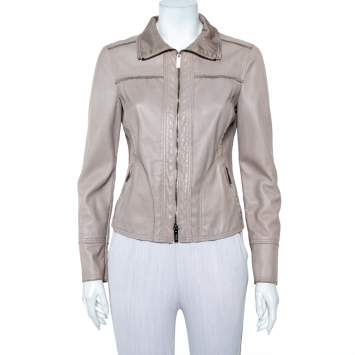 Pre Owned Armani Collezioni Beige Leather Zip Front Jacket M