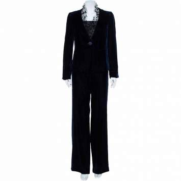 Pre Owned Armani Collezioni Midnight Blue Velvet Embellished Mesh Collar Blazer & Wide Leg Pants L