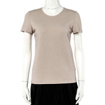 Pre Owned Armani Collezioni Beige Embossed Knit Short Sleeve Top L