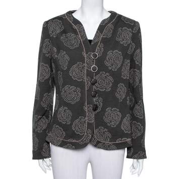 Pre Owned Armani Collezioni Grey Italian Rose Jacquard Knit Button Front Blazer XL
