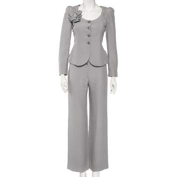 Pre Owned Armani Collezioni Grey Crepe Bow Detail Collarless Jacket & Straight Leg Trousers S