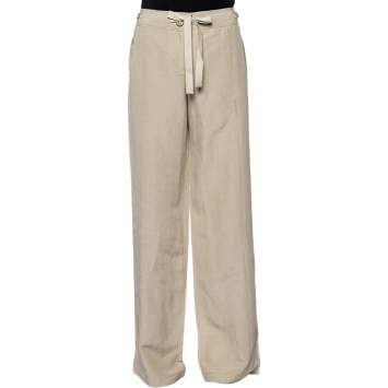 Pre Owned Armani Collezioni Beige Linen And Silk Wide Leg Trousers M