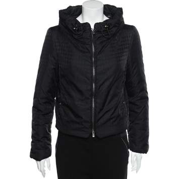Pre Owned Armani Collezioni Black Synthetic Concealed Hood Detail Zip Front Jacket M