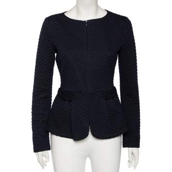 Pre Owned Armani Collezioni Navy Blue and Black Diamond Embossed Jacquard Peplum Jacket M