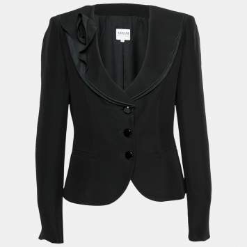 Pre Owned Armani Collezioni Black Crepe Ruffled Lapel Detail Blazer M