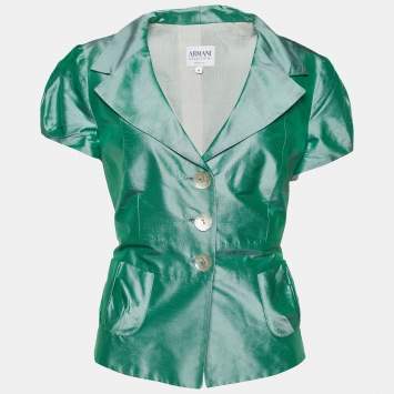 Pre Owned Armani Collezioni Green Slub Cotton Mother of Pearl Buttoned Blazer M