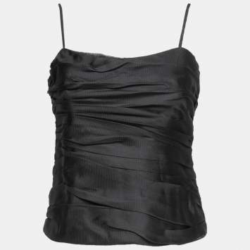 Pre Owned Armani Collezioni Black Textured Silk Gathered Camisole M