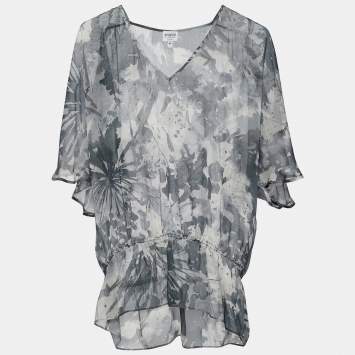 Pre Owned Armani Collezioni Grey Abstract Print Silk Sheer Blouse M