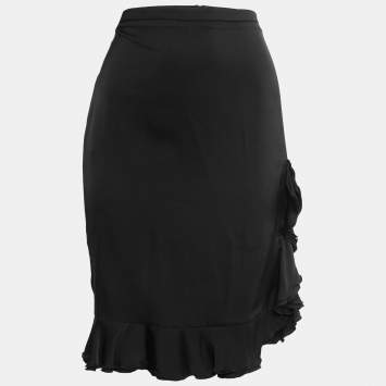 Pre Owned Armani Collezioni Black Silk Satin Ruffle Trimmed Skirt XL