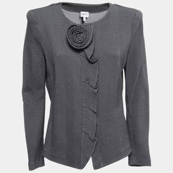 Pre Owned Armani Collezioni Grey Chevron Pattern Floral Detail Ruffled Blazer XL