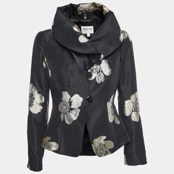 Pre Owned Armani Collezioni Black Floral Jacquard Cowl Neck Blazer M