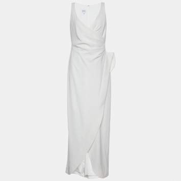Pre Owned Armani Collezioni White Crepe Draped Sleeveless Faux Wrap Maxi Dress M