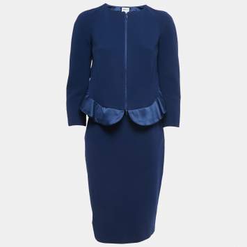 Pre Owned Armani Collezioni Navy Blue Knit Satin Trimmed Skirt Top Set M