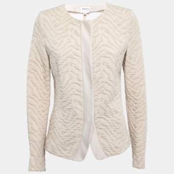 Pre Owned Armani Collezioni Beige Textured Knit Roundneck Jacket L