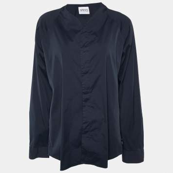 Pre Owned Armani Collezioni Navy Blue Cotton Collarless Shirt XL
