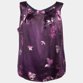 Pre Owned Armani Collezioni Purple Floral Print Silk Sleeveless Top L